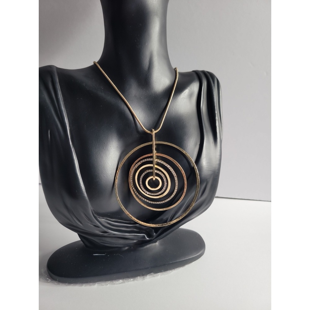 Gold Tone Circle Pendant Necklace Geometric Spiral‎ Rhinestone Long Minimalist